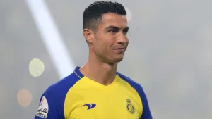 Ronaldo reacts as he scores in his first game of season for Al-Nassr
