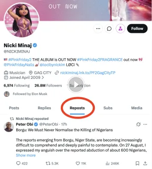 Nicki Minaj Reposts Peter Obi’s Post About Borgu Killings
