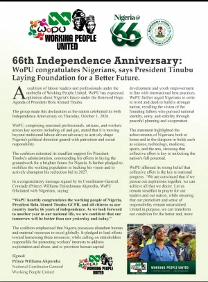 66th Independence Anniversary: WoPU congratulates Nigerians, says President Tinubu laying foundation for better future